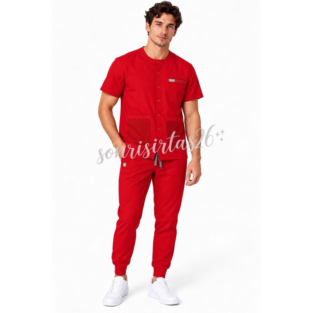 FIGS Rare Red Dekar Button Front Scrub Top Jogger Pants Set Mens Small Limited